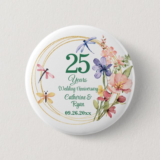 25th Silver Wedding Anniversary Gold Frame Floral 2 Inch Round Button (Front)