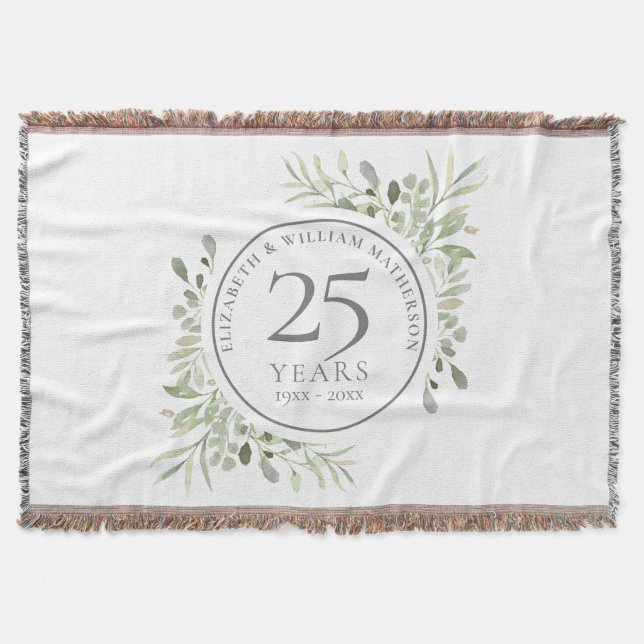25th Silver Wedding Anniversary Greenery Throw Blanket (Front)