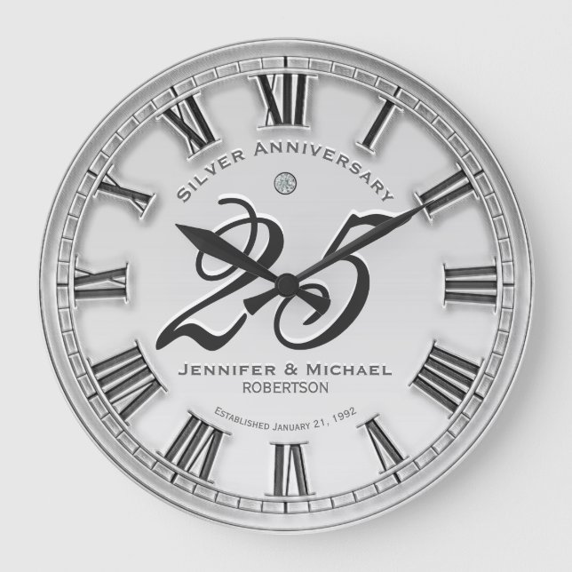 25th Silver Wedding Anniversary Large Clock (Front)