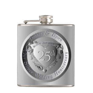 25th Silver Wedding Anniversary Medallion Hip Flask