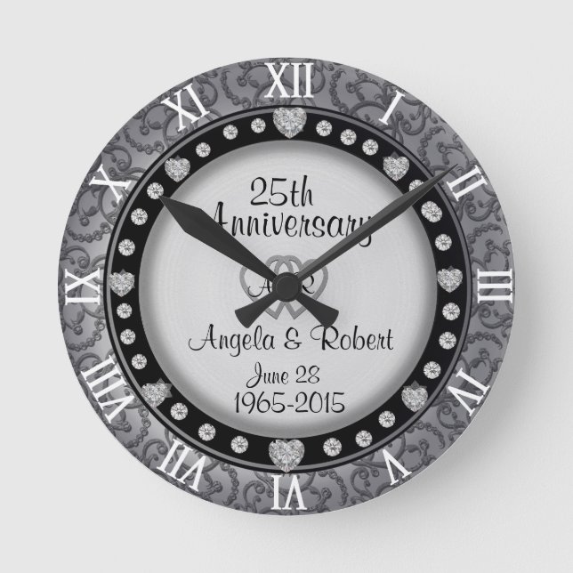 25th Silver Wedding Anniversary Monogram Round Clock (Front)