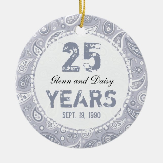 25th Silver Wedding Anniversary Paisley Monogram Ceramic Ornament (Front)
