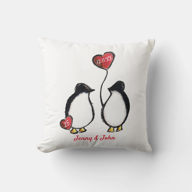 25th Silver wedding anniversary penguin Throw Pillow (Front)