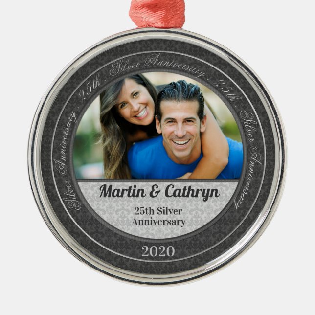 25th Silver Wedding Anniversary Photo Christmas Metal Ornament (Front)