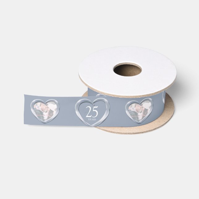 25th silver wedding anniversary photo heart satin ribbon (Spool)