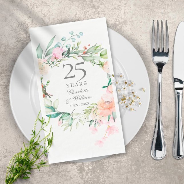 25th Silver Wedding Anniversary Roses Floral Napkin (Creator Uploaded)