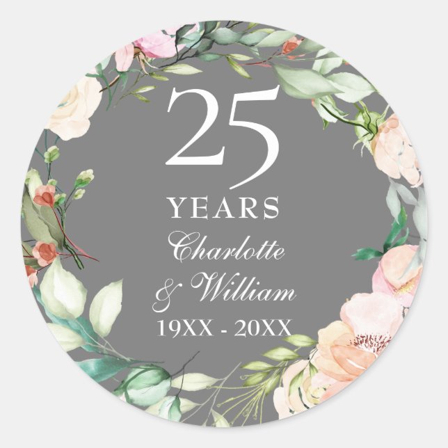 25th Silver Wedding Anniversary Roses Garland  Classic Round Sticker (Front)