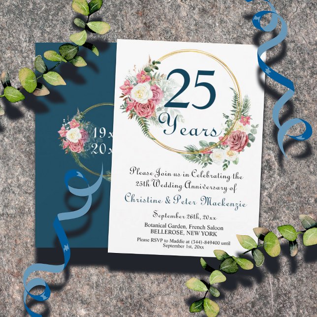 25th Silver Wedding Anniversary Roses Gold Frame Invitation (Creator Uploaded)