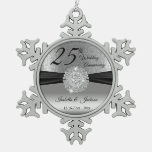 25th Silver Wedding Anniversary Snowflake Pewter Christmas Ornament