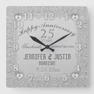 25th Silver Wedding Anniversary Square Wall Clock