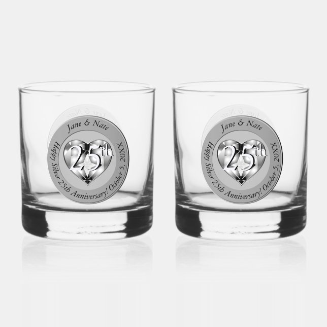25th Silver Wedding Anniversary Whiskey Glass (Front)