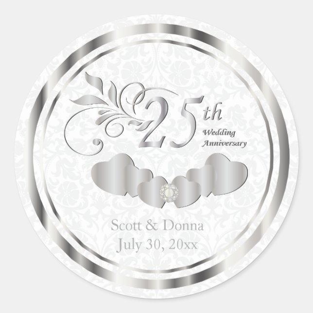 25th Silver Wedding Anniversary - White Damask Classic Round Sticker (Front)