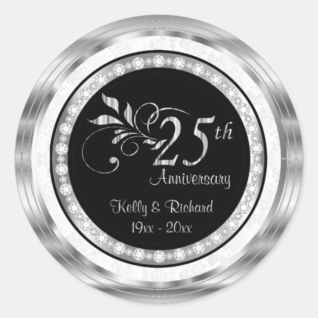 25th Silver Wedding Anniversary - White Damask Classic Round Sticker (Front)