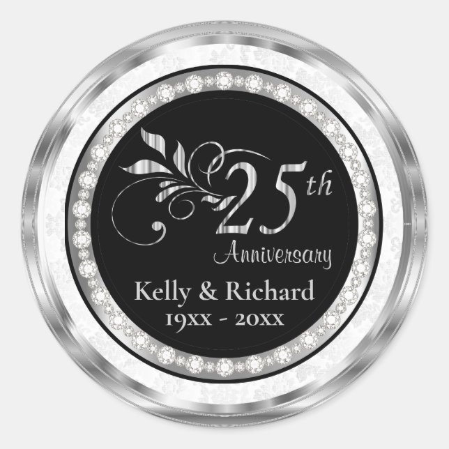 25th Silver Wedding Anniversary - White Damask Classic Round Sticker (Front)