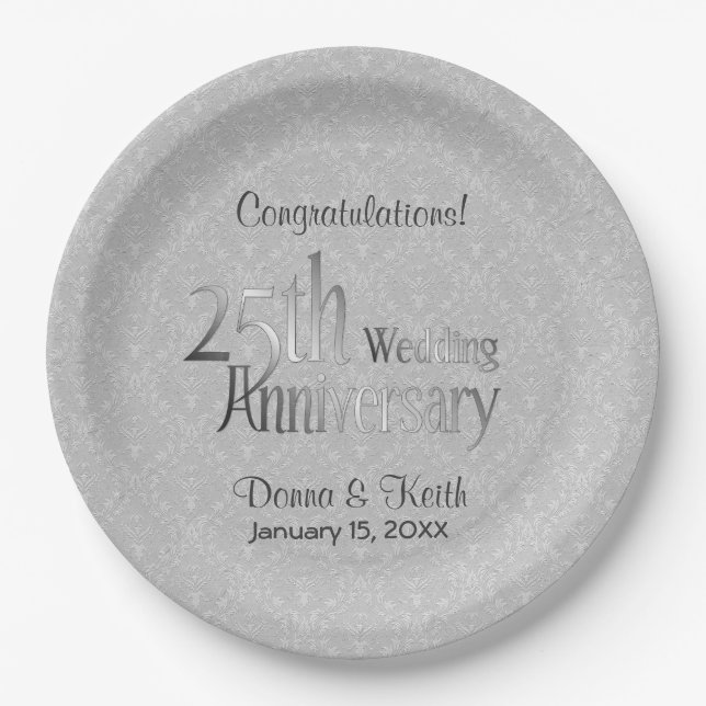 25th Stylish Silver Anniversary Paper Plate (Front)