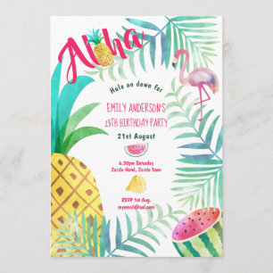 25th Tropical Pineapple Birthday Invites Flamingo
