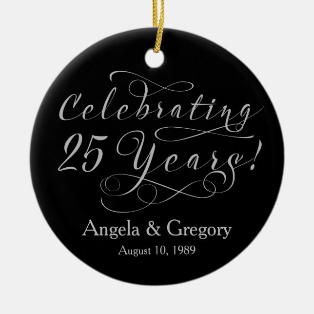 25th Wedding Anniversary 25 Silver Black Ceramic Ornament (Front)