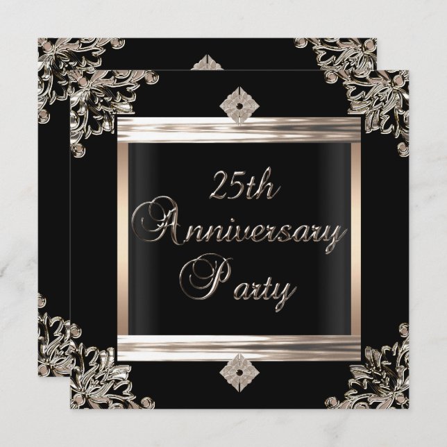 25th Wedding Anniversary Art Deco Black Silver Invitation (Front/Back)