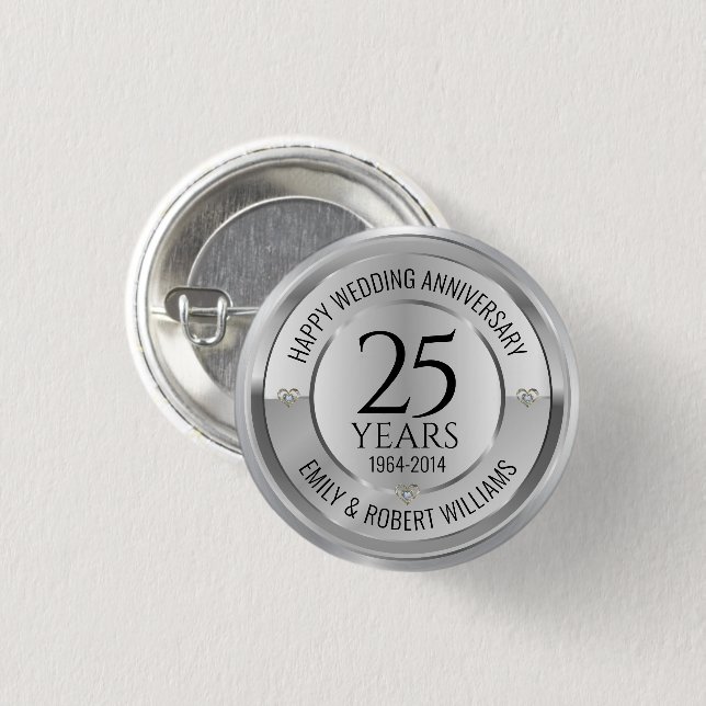 25th wedding anniversary black and silver 1 inch round button (Front & Back)