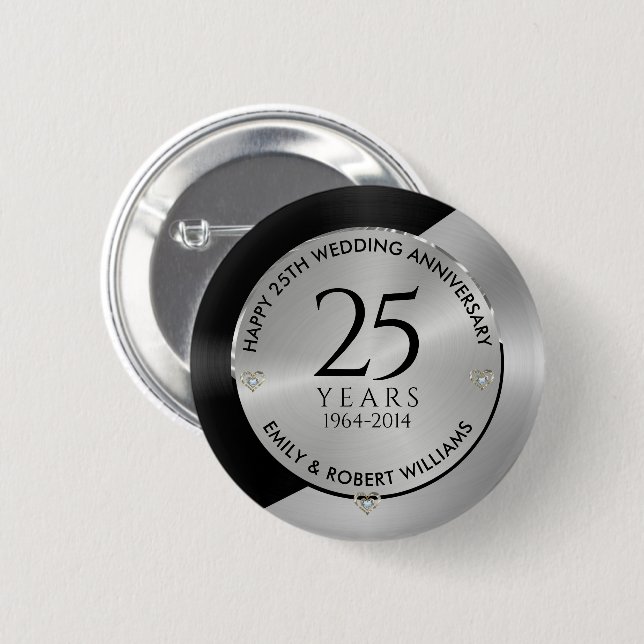 25th wedding anniversary black and silver 2 inch round button (Front & Back)