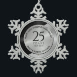 25th wedding anniversary black and silver 2 snowflake pewter christmas ornament<br><div class="desc">25th wedding anniversary black and silver split screen geometric design background.
Modern,  customizable silver wedding anniversary design. Easily customize your names and years of your Anniversary.</div>