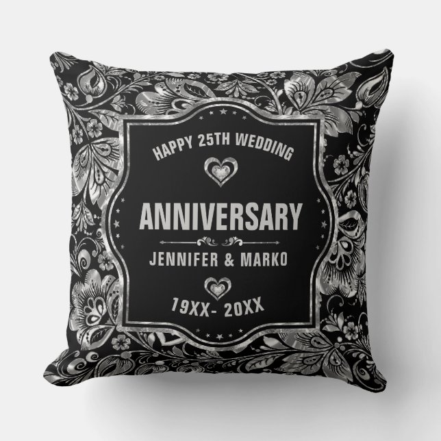 25th Wedding Anniversary Black And Silver Design Throw Pillow (Front)