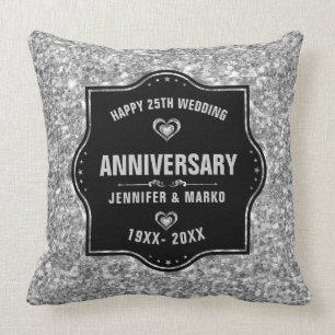 25th Wedding Anniversary Black And Silver Glitter Throw Pillow