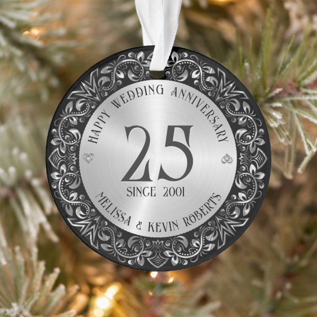 25th Wedding Anniversary Black Gold Frame Ornament (Tree)