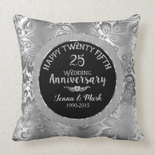 25th Wedding Anniversary Black & Silver Damasks Throw Pillow