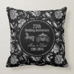 25th Wedding Anniversary-Black & Silver Damasks Throw Pillow<br><div class="desc">25th wedding anniversary customizable elegant metallic silver floral damasks over black background</div>