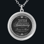 25th Wedding Anniversary Black Silver & Diamonds Silver Plated Necklace<br><div class="desc">Elegant 25th wedding anniversary silver and diamonds glitter print over black background. Silver tones round circle frame. Customizable names and years.</div>