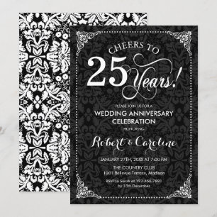 25th Wedding Anniversary - Black White Damask Invitation