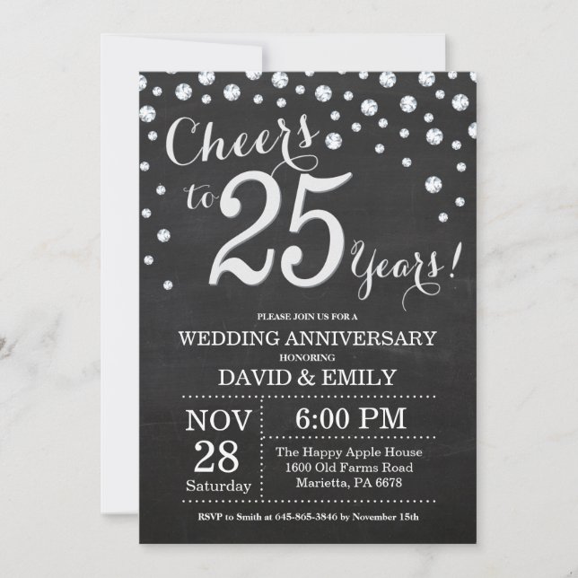 25th Wedding Anniversary Chalkboard Black Silver Invitation (Front)