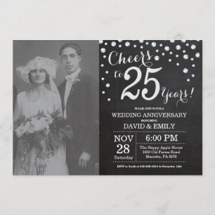 25th Wedding Anniversary Chalkboard Black Silver Invitation