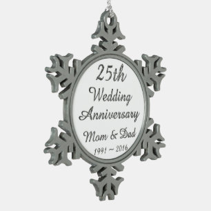 25th Wedding Anniversary Chic Silver Typography Snowflake Pewter Christmas Ornament