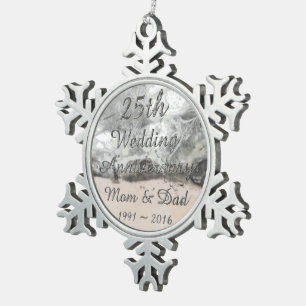 25th Wedding Anniversary Chic Silver Typography Snowflake Pewter Christmas Ornament
