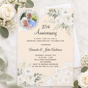 25th wedding anniversary cream florals lace photo invitation