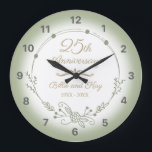 25th Wedding Anniversary Elegant Large Clock<br><div class="desc">A beautiful,  minimalist wedding anniversary design with green floral garland. Can be personalized by adding that husband and wife’s names and the years they have been married.</div>