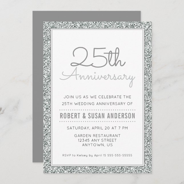 25th Wedding Anniversary Faux Silver Glitter Invitation (Front/Back)