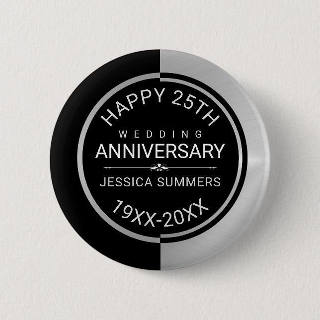25th Wedding Anniversary Geometric Black & Silver 2 Inch Round Button (Front)