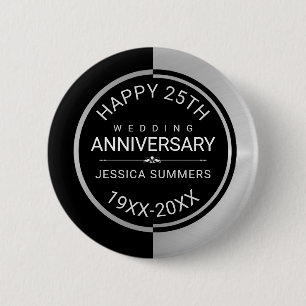 25th Wedding Anniversary Geometric Black & Silver 2 Inch Round Button