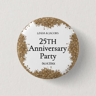25th Wedding Anniversary Gold Faux Glitter 1 Inch Round Button