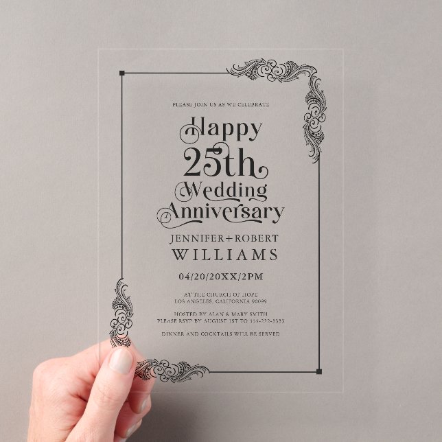 25th Wedding Anniversary Gold Floral Frame Acrylic Invitations (Insitu (Handheld))
