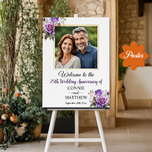 25th Wedding Anniversary Gold Frame Purple Roses Poster