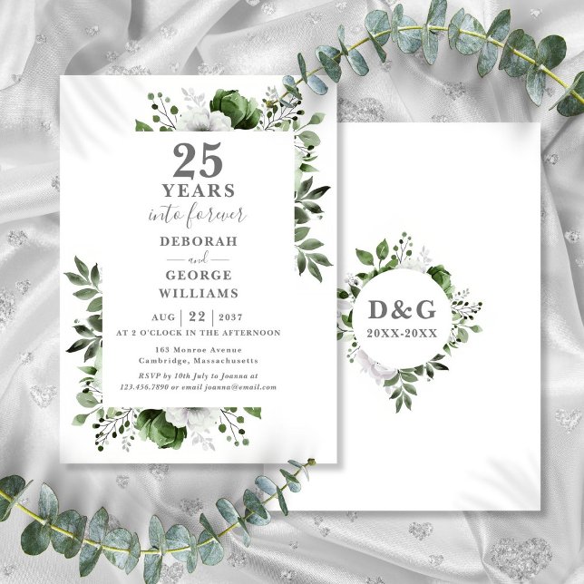 25th Wedding Anniversary Greenery Floral Monogram Invitation (25th Wedding Anniversary Greenery Floral Monogram Invitation)