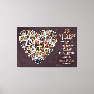 25th Wedding Anniversary Heart Photo Collage Canvas Print