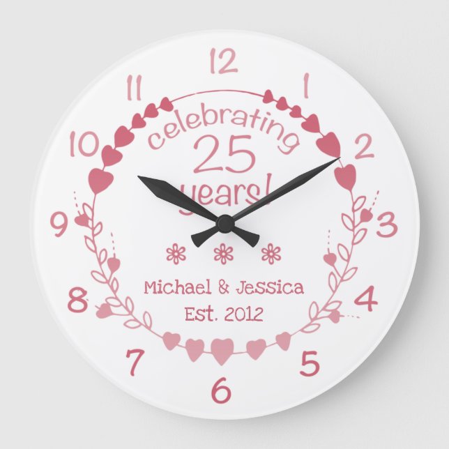 25th Wedding Anniversary Hearts Large Clock (Front)