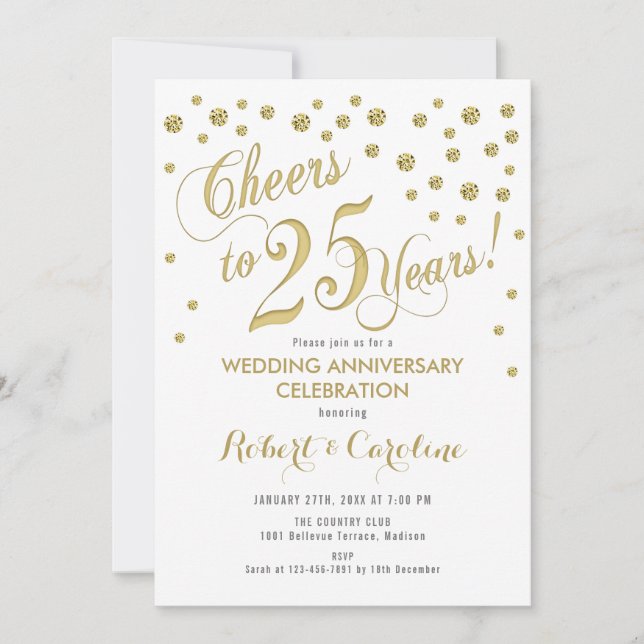 25th Wedding Anniversary Invitation - Gold & White (Front)