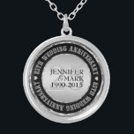 25Th Wedding Anniversary Metallic Silver & Black 2 Silver Plated Necklace<br><div class="desc">Elegant 25th wedding anniversary commemorative necklace with customizable text. Metallic silver and black. White diamonds accents.</div>