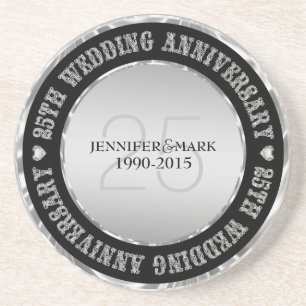 25Th Wedding Anniversary  Metallic Silver & Black Coaster